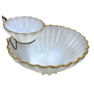 Vintage 1960s White Milk Glass Chip & Dip Scallop Bowls w/Bracket / Gold Trim /